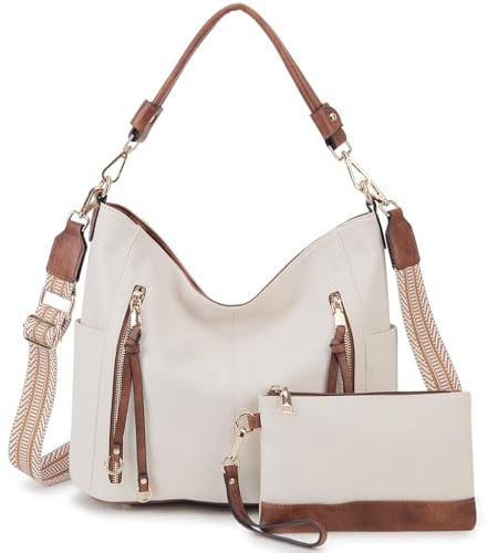 Chase Chic Handtasche Damen, Leder umhängetasche Shopper Hobo Taschen Geldbörse set Gross Schultertasche mit Abnehmbar Schulterriemen 2pcs Weiß und Braun