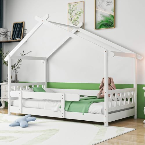 MQGPM Hausbett im Montessori Stil 190x90cm mit Dach und Lattenrost, Kinderbett Baumhausbett mit Rausfallschutz für Mädchen und Jungen Vielseitiges Bett für Spielendes Lernen reines