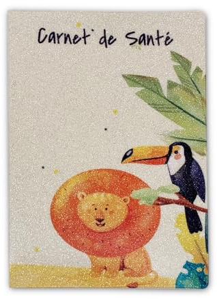 Nemau - Protège Carnet de Santé Enfant - Bébé Fille Garçon - Gomme Expansée Pailletée - Étui de Protection pour Carnet Médical – Idée Cadeau Naissance - Modèle Lion et le Toucan