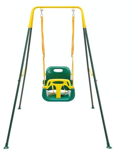 FUNLIO Toddler Swing with Safety Harness, Heavy-Duty Kid Swing for Garden & Indoor Use, Folding Metal Stand, Outdoor Play Equipment for Children - Green