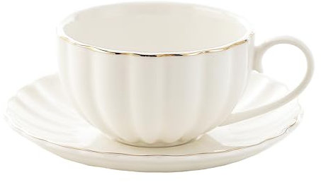 Bloosnow Taza de té y platillo de porcelana blanca, taza de café con capuchino dorado, regalos para mujeres, bodas