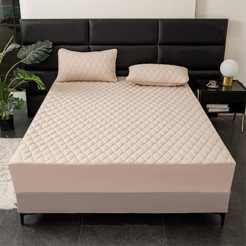 KnSam Hell Khaki Betttuch mit 2er Kissenbezüge 150x190cm Set 3tlg Schutzhülle, 3D Muster Bettlaken Unterlage Einfarbig Schlafkomfort, Baumwolle Spannbettuch Laken Unterbett Schutz für Matratze