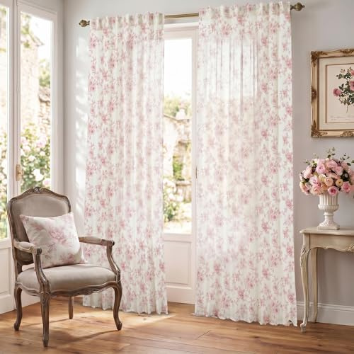Pink Vintage Floral Curtains for Girls Bedroom, Cute Light Blush Pink Sheer Flower Pattern Printed Cottage Core Boho Shabby Chic Christmas Curtains for Living Room, 2 Panels, 84 Inches Long