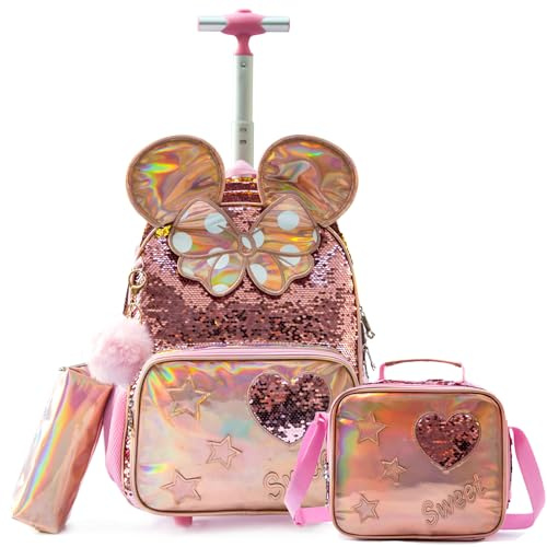 Egchescebo Kids Rolling Big Ears Backpack for Girls Sequins Trolley Suitcases Luggage Travel with Wheels Bookbag Wheeled 17 Roller Backpacks Set Toddler Back Pack School Bags for Elementary Champagne