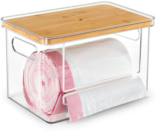 COZYCRAZE Stackable Trash Bag Dispenser with Wooden Top for Holding 13/30/33-Gallon Large Bag Sizes – Extra-Large Garbage Bag Holder with Anti-Slip Base, Trash Bag Dispenser Under Sink (11.5x7.5x7)