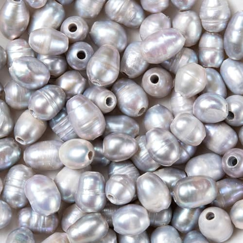 PONABEADIY 1 Box 50PCS Grey Natural Cultured Freshwater Pearl Beads 1.8mm Large Hole Rice Oval Shaped Baroque Pearls Loose Spacer Bead Bulk for Jewellery Making Bracelets Necklace Earrings Diy Crafts