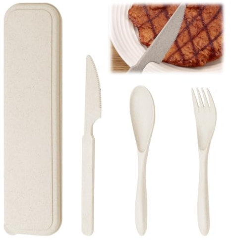 Trifletopia 1 Set Travel Cutlery Set - Portable Plastic Cutlery Set - Reusable Fork Knife Spoon - Flatware with Case - Lightweight Tableware for Camping Picnic School Office Lunch (Beige)