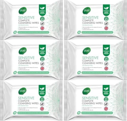 Sensitive Cleansing Wipes (25 Wipes), Plant-Based Makeup Remover Wipes, Face Wipes for Sensitive Skin, Gentle yet Effective Makeup Removal (Pack of 6)
