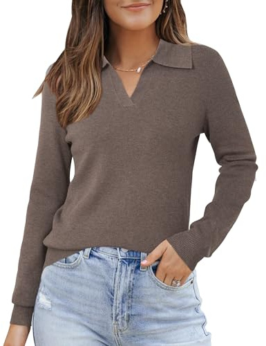 Arach&Cloz Women's Jumper Fall Winter Soft Wool Blend Long Sleeve Polo Knit Tops Sweater Shirts(Coffee, M)