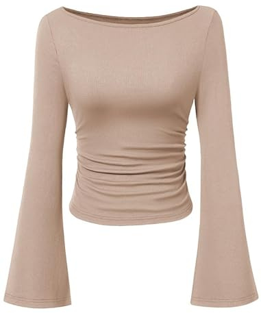 Sukiglam Långärmad tröja dam elegant båturringning stickade toppar med klockärmar tajt Y2K topp basic casual tröja smal passform långärmad t-shirt enfärgad långärmad undertröjor hösttoppar, Djup