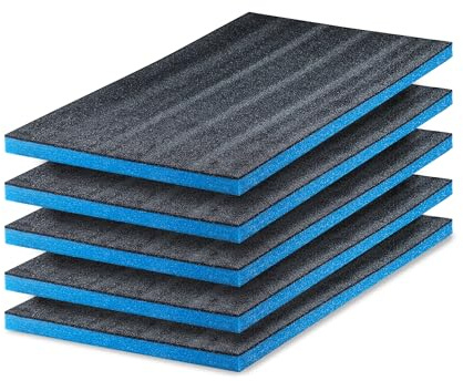 GUARDIQUE Flerskiktsskum | 5 stycken | 600 x 400 x 50 mm, Shadow Foam, skärning och borttagning, anpassningsbar, Kaizen Foam, verktygsinsats för kamera, verktygslåda, blå och svart