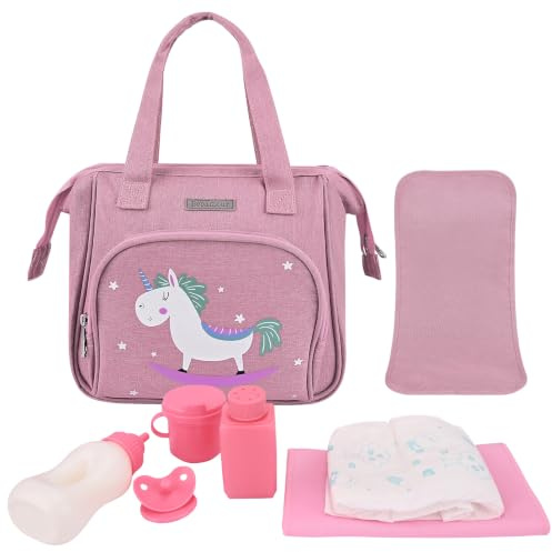 Bebamour Enhörning babydocka skötväska med docka skötbädd bära babydocka tillbehör mode barnväska för baby flicka, Enhörning med tillbehör