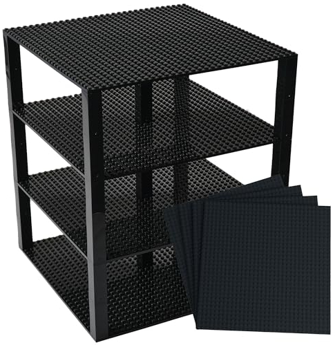 Premium Black Stackable Base Plates - 4 Pack 25x25 cm Baseplate Bundle with 30 5cmx5cm Stackers - Compatible with LEGO Blocks, Compatible with LEGO Base Plates - Tower Construction