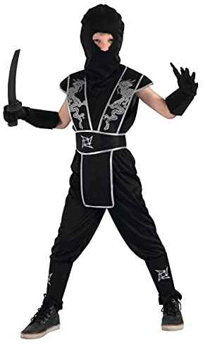 DEGUISE TOI - Déguisement ninja étoile Shuriken garçon - Haut - Pantalon - Ceinture - Armure - 2 Jambières - 2 Manchettes - Cagoule - M 7-9 ans (120-130 cm) - Noir - Déguisements enfants - 100%