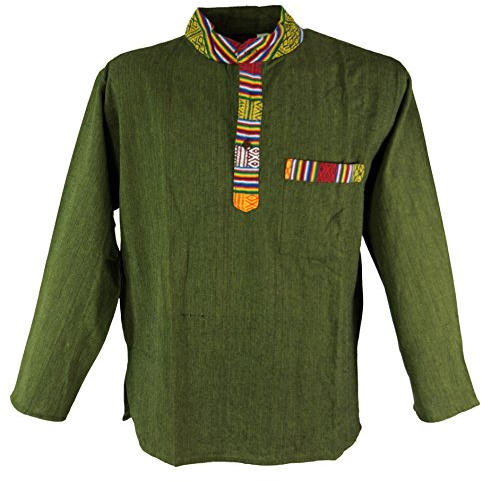 GURU SHOP Nepal Ethno Fischerhemd, Goa Hemd - Olive, Herren, Baumwolle, Size:L