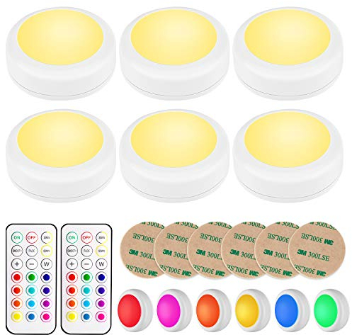 BLS AA-1062 LED Wireless Puck Lights with Remote Control and Timer, Push Lights 3 AA Battery Operated, Colour Changing Push Lights, Stick on Anywhere for Kitchen Cupboard, 6 Pack
