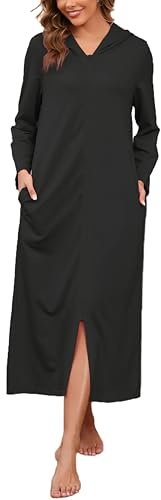 HALCYEEN Albornoz de manga larga con capucha y cremallera para mujer, camisón de longitud completa con bolsillos, tallas S-XXL