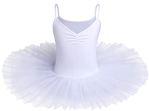 IBAKOM Kinder Mädchen Ballettkleid Schwanensee Kostüm Tanzen Tutu Kleid V-Ausschnitt Camisole Trikot Tanzkleidung Ballerina Gymnastik Spaghettiträger Ärmelloses Tanzoutfit Weiß 7-8 Jahre