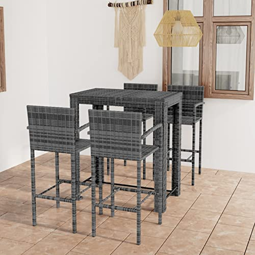 GuyAna Set Muebles Bar jardín 5 pzas ratán sintético reposabrazos Gris Mesa Exterior pequeña Mesa y Taburete jardín Bistro de Cocina Barra para Bar