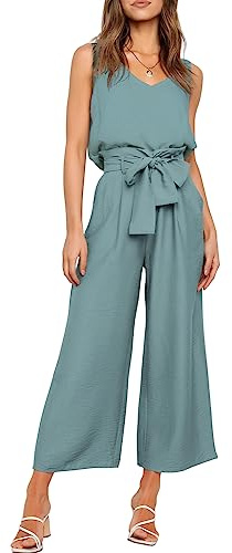 FANCYINN Set di Pantaloni Corti a Gamba Larga 2 Pezzi da Donna Pantaloni a Sacchetto di Carta ritagliati a Vita Alta con Scollo a V e Cinturino Largo con Cintura Top e Pantaloni Blu foschia XS