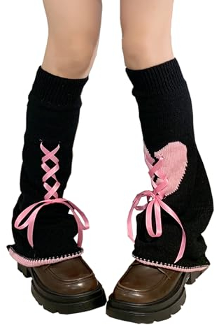 XEPST Lose Gestrickte Beinwärmer für Damen, Winter Stulpen Y2K Japanische Lolita Beinstulpen Lange Socken Kawaii Häkeln Beinwärmer Leg Warmers y2k für Damen (Schwarz+Pink)