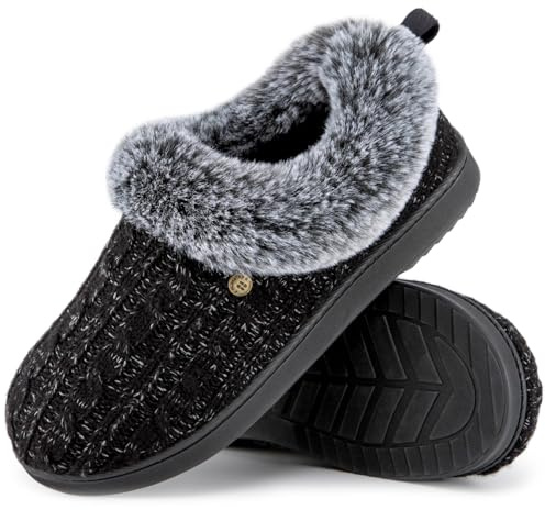 HomeTop Women's Cable Knit Slippers Non-slip House Shoes with Fuzzy Collar | Breathable, Polar Fleece Lining, Memory Foam, Durable, Indoor & Outdoor, Machine Washable, Gifts, Fall, Warm