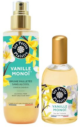 Les Petits Plaisirs - Lot Brume parfumée vanille monoï pailletée + Eau de toilette Vanille Monoï. Made in France, Brume 200ml, Eau de toilette 110ml