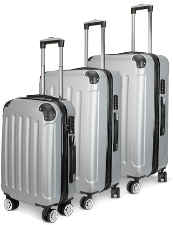 KeepGoon Set di valigie, set di valigie da viaggio 3 pezzi, set di valigie con 4 ruote e lucchetto a combinazione, valigie rigide in ABS, trolley con rotelle, manico telescopico S-M-L, grigio., 77×49×