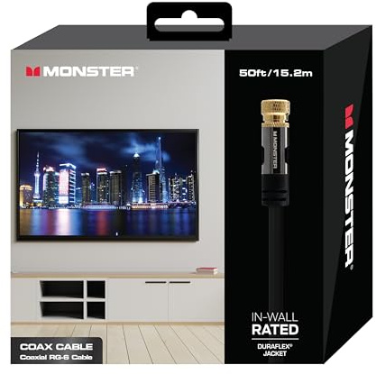 Monster 50 Foot Coaxial Cable, RG-6 Quad Shield Coaxial Cable for High-Speed Internet, TV, Duraflex Waterproof & Weatherproof Cable, UL CL2 Rating for in Wall, Outdoor, Indoor Use, Gold Plated F-Pin