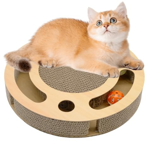 Tablero Rascador para Gatos con Bolas de Cascabel, 3 en 1 de Cartón Ondulado, Juguete Interactivo y Resistente (Redondo)