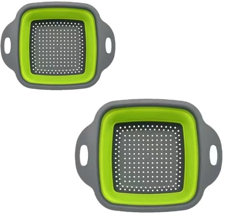 Surwin 2 Piezas Cuadrado Colador de Cocina, Cocina Plegable Colador de Silicona, Colador de Silicona de Portátil, Escurridor Pasta para Frutas, Verduras (Verde)