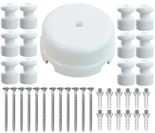 OASHISU Kit [Scatola di Derivazione in porcellana] + [12 isolatori Porcellana] per Impianti a 4 fori per entrata/uscita del cavo. Copri cavi e copri fili in ceramica, Bianco lucido, Ø 78mm Prof.35mm