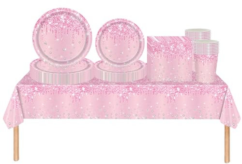69 pièces Rose Brillant Strass Jetables Party Vaisselle Set, Papier Tasses Serviettesr Assiettes Set, pour Barbecue les Fêtes les Pique-niques Enfants Adultes Anniversaire Mariages et Noël