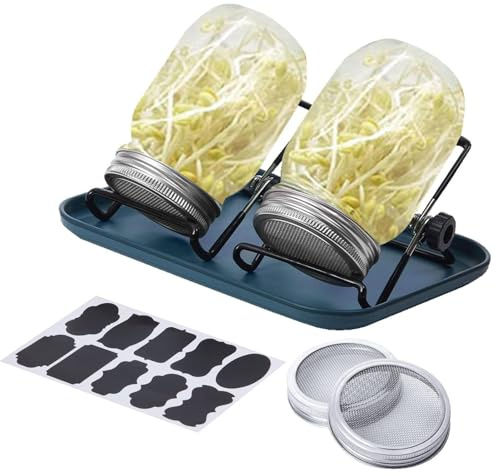 mmason Jar Sprouting Kit - 8pcs Stainless Steel Tray and Mesh Lid Set with Wide Mouth Glass Jars | Sprouting Kit for Seeds, mmicrogreens, Home Garden Indoor Growing and Seed Germination for Beginners