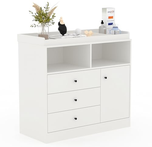 Baby Changing Table Dresser, Wooden Diaper Changing Station with 2 Open Shelves, 3 Drawers, and 1 Cabinet, Modern Baby Dressers for Nursery, Bedroom, Kids Room, White