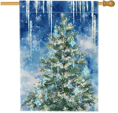 Bandiera da giardino invernale del paese delle meraviglie, albero di Natale blu con ghiaccioli, decorazione per esterni, striscione in iuta su entrambi i lati, per decorazione del prato delle vacanze