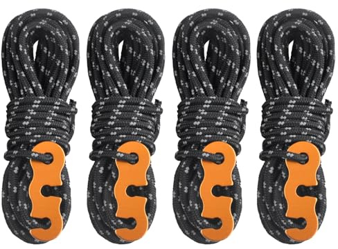 Azarxis Reflective Cord Pack, Tent Guyline Rope High-Strength Lightweight 13ft per piece with Aluminum Cord Adjuster for Tying Down Tarps, Camping Tent, Outdoor Packaging (Black - 4 Pack - Φ3mm)