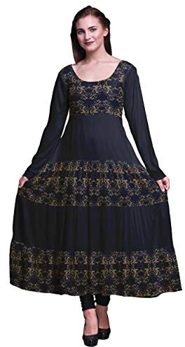Bimba Azul Marino Damasco Vestido Anarkali Estampado para Mujer Vestido Kurta Kurti Largo Manga étnica Larga X-Large