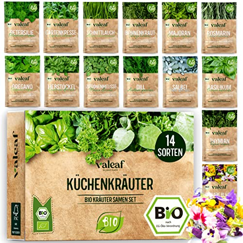 BIO Kräuter Samen Set - 14 Sorten Kräutersamen aus biologischem Anbau, samenfestes Bio Saatgut, Küchenkräuter Set für Küche, Balkon und Garten, 14er Samen Set (Samensorten können etwas variieren)