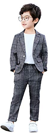 LOLANTA Kinder Grau Anzug, 2-teiliges festliches Set für Jungen, Hochzeits-Party-Outfits, Karierter Blazer und Hose, Abschlussball-Anlasskleidung, Dunkelgrau, 8-9 Jahre, 140