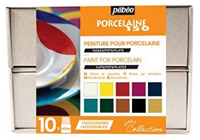 Pébéo - Cofanetto Collezione Porcelaine 150 - Kit Pittura su Porcellana - 10 Flaconi 45 ml + 1 Tubetto Cloisonné 20 ml Oro + 1 Pennarello Fine + Accessori + Guida Creativa