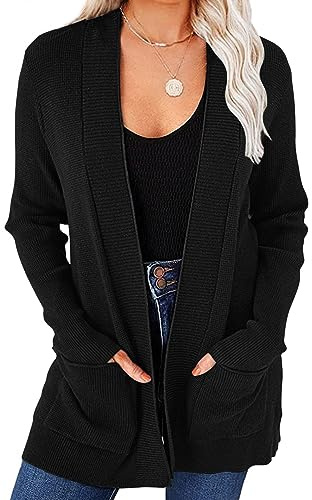 MEROKEETY Women's Fall Winter Cardigan Sweaters Lightweight Open Front Waffle Knit Sweaters with Pockets, Black, Large