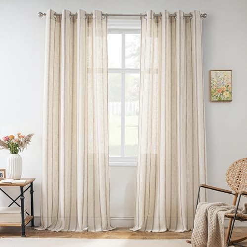 DriftAway Farmhouse Curtains for Living Room Vertical Striped Linen Curtains Semi Sheer Light Filtering Grommet Window Treatments, 84 Inches Long, 2 Panels, Pinstripe Grey on Beige