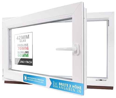 Kellerfenster Kunststofffenster weiß, BxH: 80 x 60 cm / 800 x 600 mm 3-fach Verglasung (42 mm) Dreh-Kipp inkl. Pilzkopfverriegelung, DIN Links (Griff Rechts), 70 mm Profil
