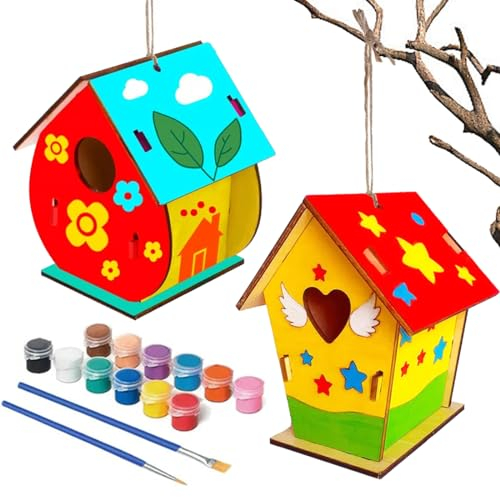 Aurasky Vogelhaus Bausatz Kinder 2 Stück, Bastelset Kinder, Vogelhaus zum Bemalen, DIY Vogelhaus Bausatz, Holz Basteln Kinder, Geschenke für Jungen Mädchen Frühling Ostern Geburtstag