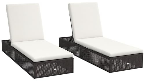 Outsunny PE Rattan Sun Loungers Set of 2, Five-level Adjustable Recliner Chairs w/Soft Padded Cushion for Patio, Garden, Mixed Brown