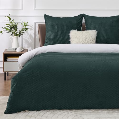 BEDSURE Flauschige Bettwäsche 155x220 Dunkelgrün - Winter Bettbezug Fleece mit 2 Kissenbezüge 80x80 cm, Warme Bettwäsche-Sets mit Reißverschluss, Kuschel Waffelpique Winterbettwäsche für Doppelbett