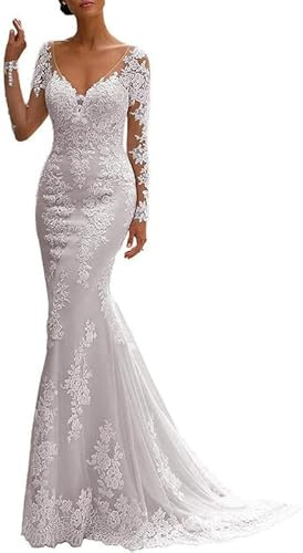 SEVENYXX Abiti da Sposa Sirena Manica Lunga Pizzo Civil Abito da Sposa, Bianco, 48