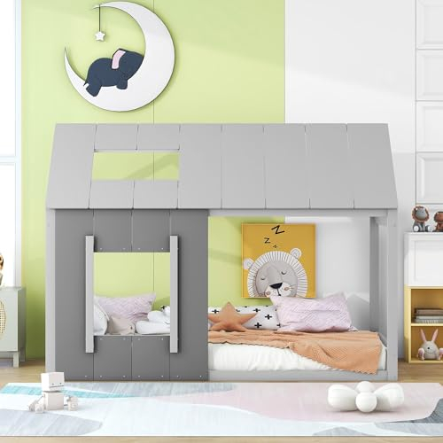 KEYIDE Kinderbett 90 x 200 cm, Kinderbett in Hausform, Einzelhaus-Flachbett mit Dach und Fenster, Hausbett für Kinder, Kiefernholz (Grau)
