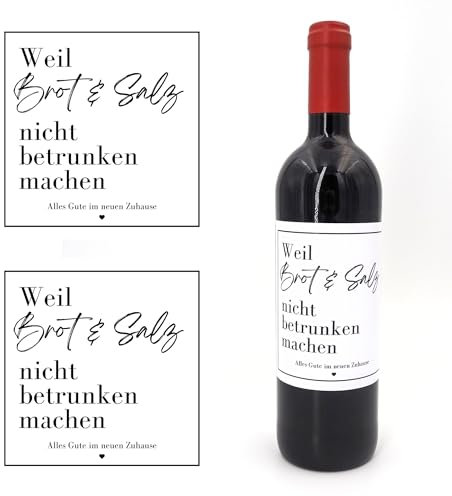 MilaBoo® 2er Set Weinaufkleber zur Einweihung I Weinetikett Aufkleber zum Einzug I Sektaufkleber Brot und Salz I personalisierte Flaschenetiketten (Brot & Salz - nicht betrunken)